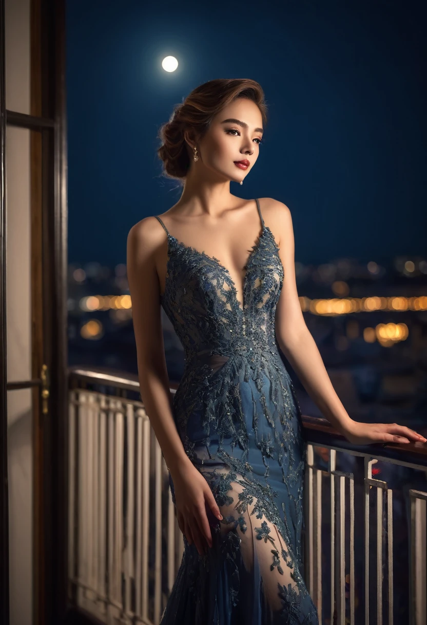 a lady, Evening Dress,  room, balcony, moonlit nights, best quality, ultra-detailed, an extremely delicate and beautiful, professional lighting, depth of field, 
