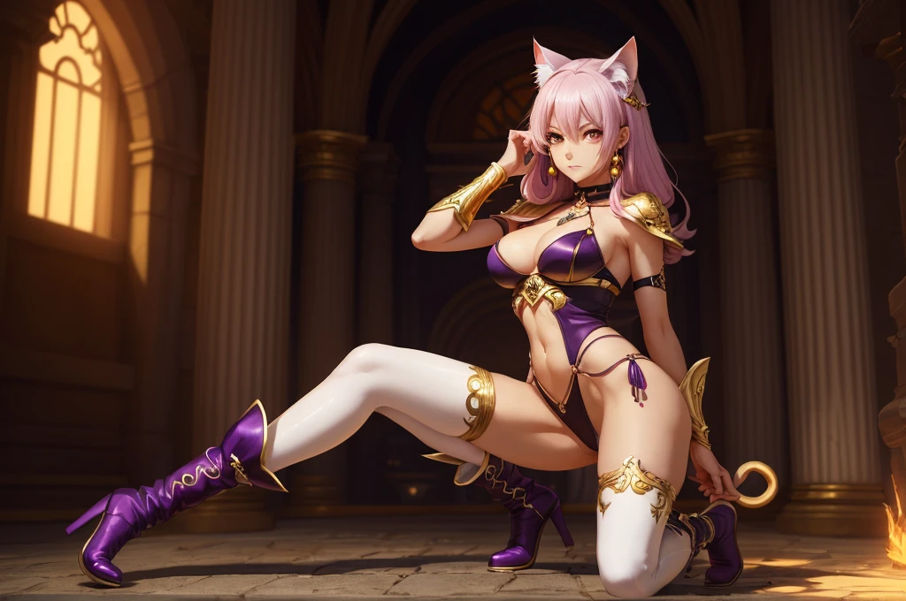 There is lost coliseum there stand female lionessin battle stance, she have ebony colour skin beautiful yellow cat eyes dark gold eyeshadows make up, ring style earrings, her hair is purple with pink highlights . she dressed in white neather topic with golden parts on countures also short and white leather straps on her cat legs instead of boots, her hands have hude ruby claws on her fingers, (ultra high quality fantasy art, anime fantasy style, masterpiece, ultra high quality character design, 8k quality anime art, realistic anime art, top quality wallpaper illustration, detailed ultra high quality accurate face, high quality design and accurate physic)