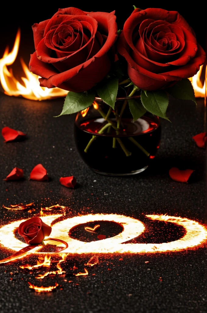 The background is dark,There is a red rose on fire in the middle,Red roses on fire,Sad,The glass shattered,Love is broken,Plain background image,There are no characters