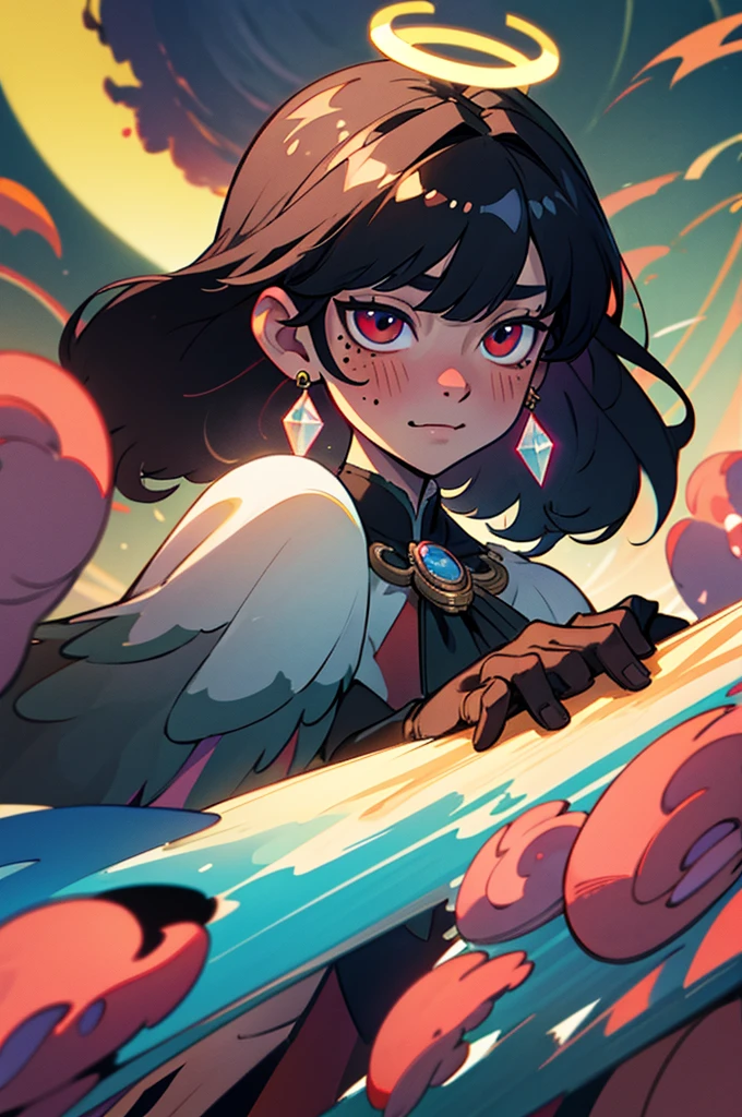 black hair, hair bobbles, wince, longeyelashes, solid circle eyes, fake animal ears, light smile, ear blush, fang, ccurate, streaked hair, halo, mole under eye, multicolored eyes, crystal earrings, sleepy, Surrealism, drop shadow, anaglyph, stereogram, tachi-e, pov, atmospheric perspective, rococo style, motion blur, outside border, fisheye, diffraction spikes, cinematic lighting, 8k, super detail, best quality, UHD