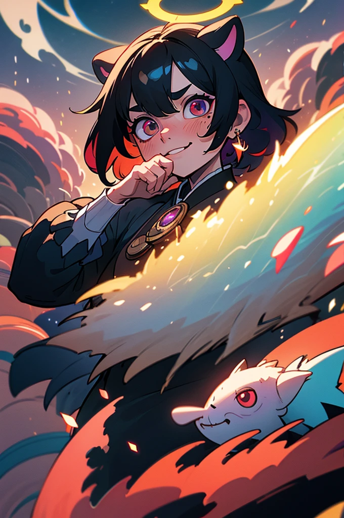 black hair, hair bobbles, wince, longeyelashes, solid circle eyes, fake animal ears, light smile, ear blush, fang, ccurate, streaked hair, halo, mole under eye, multicolored eyes, crystal earrings, sleepy, Surrealism, drop shadow, anaglyph, stereogram, tachi-e, pov, atmospheric perspective, rococo style, motion blur, outside border, fisheye, diffraction spikes, cinematic lighting, 8k, super detail, best quality, UHD