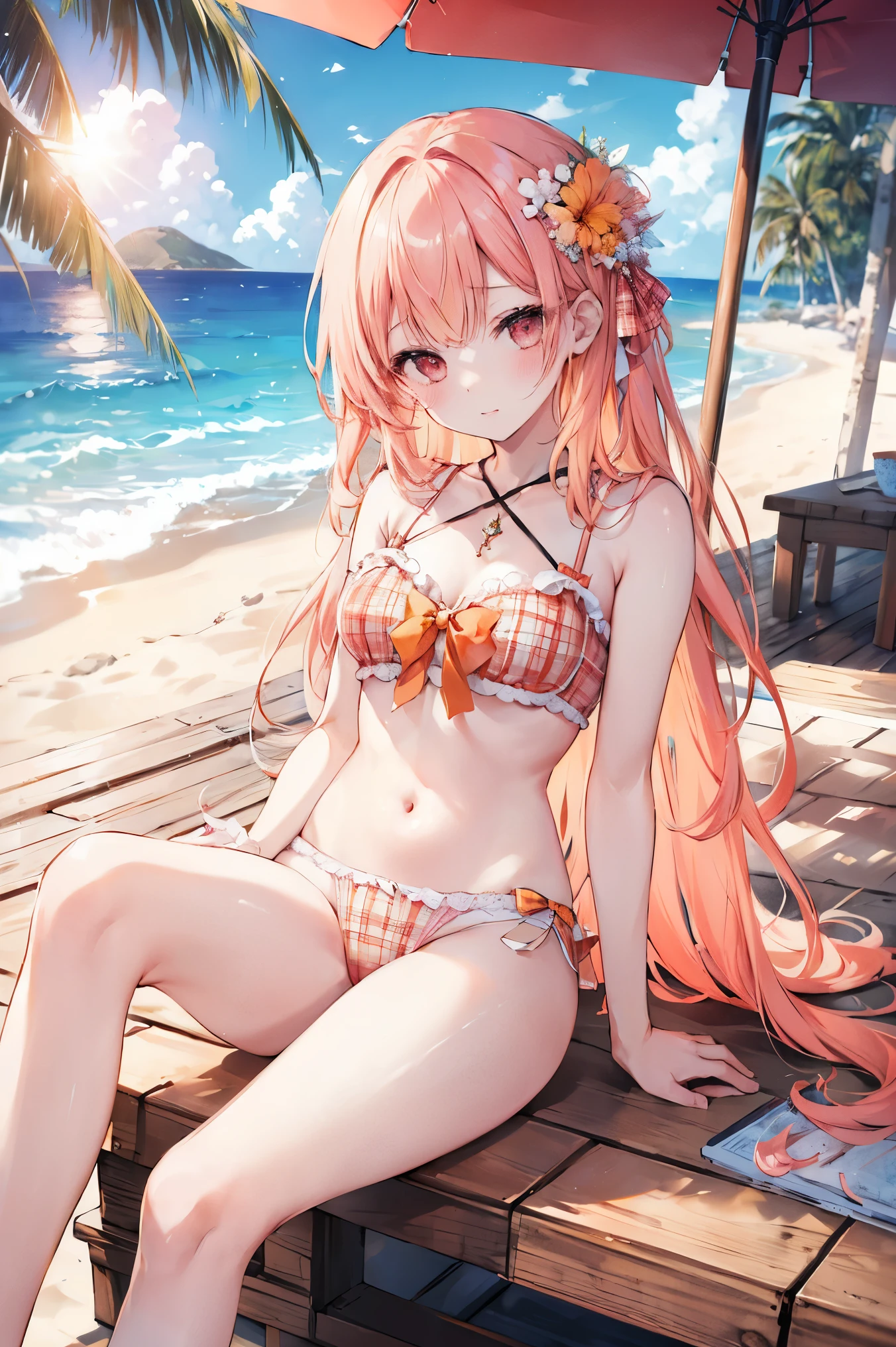 (((masterpiece、Highest quality、High resolution、sunlight、delicate)))orange long hair、orange long hair、coastal、Beach、Naughty look、White and pink plaid bra、White and pink plaid panties、Bend your legs、Woman's face、Hot Face、A slightly troubled look、Sweaty skin、blue sky、squat、Spread your legs、Underwear is visible、Embarrassing、Side Ponytail、Scrunchie