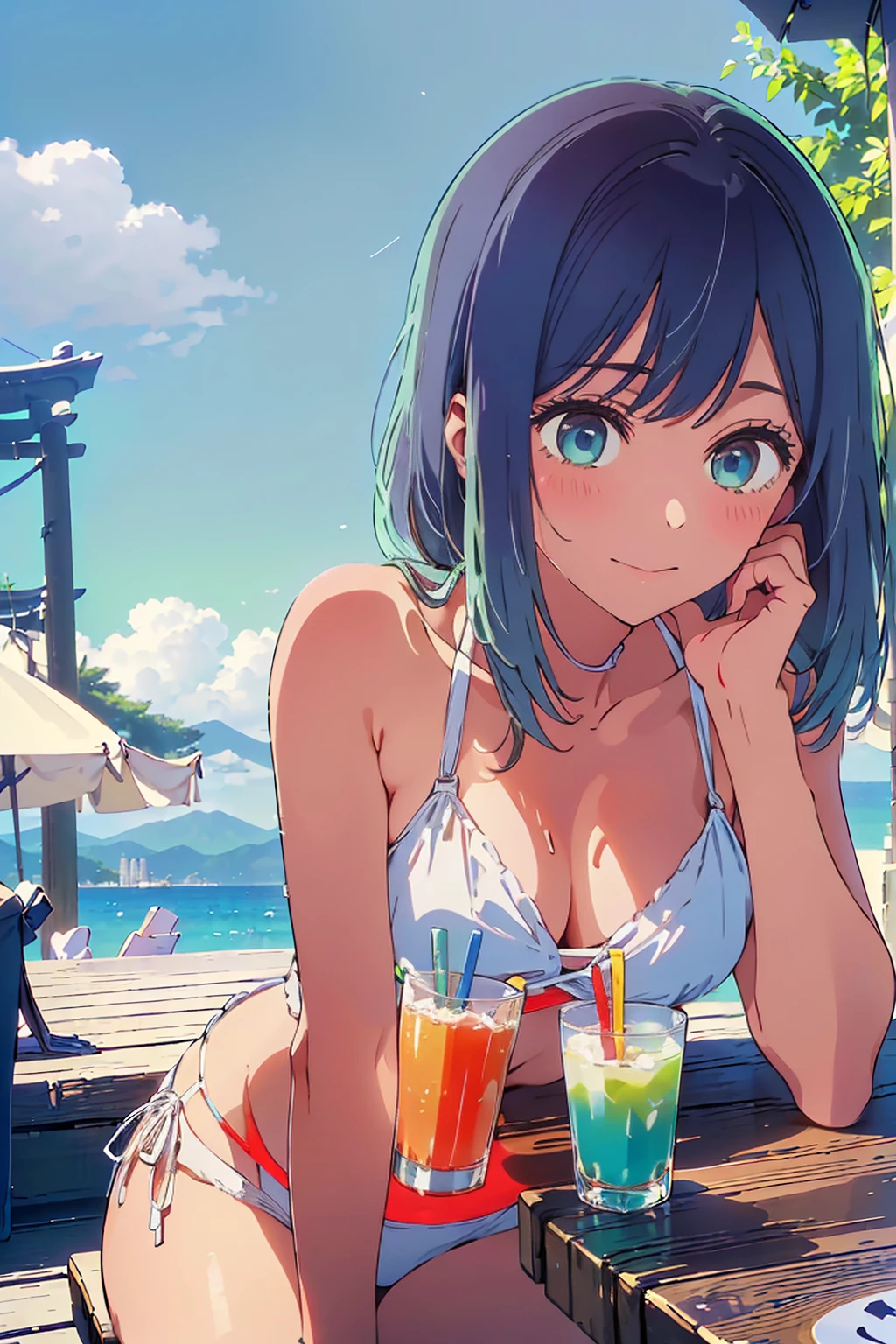 (Highest quality:1.4、8k:1.4,detailed),F cup bust、Big Breasts、Slim and beautiful arms、Slim body、Very white beautiful skin、((((1 person、smile、Swimwear、smile、sit、Chair、In the background are the urban buildings of Tokyo、Outdoor café terrace、coastal、Navy hair color、juice、Cheek cane on table:1.4、She is wearing a white side-string high-leg bikini、Get up close and take a photo、Very cute face))))、looking at the camera、Very beautiful face、Very blue sky、A completely cloudless sky、She tilted her head slightly、The atmosphere is bright and lively、The woman is at the center of the image。