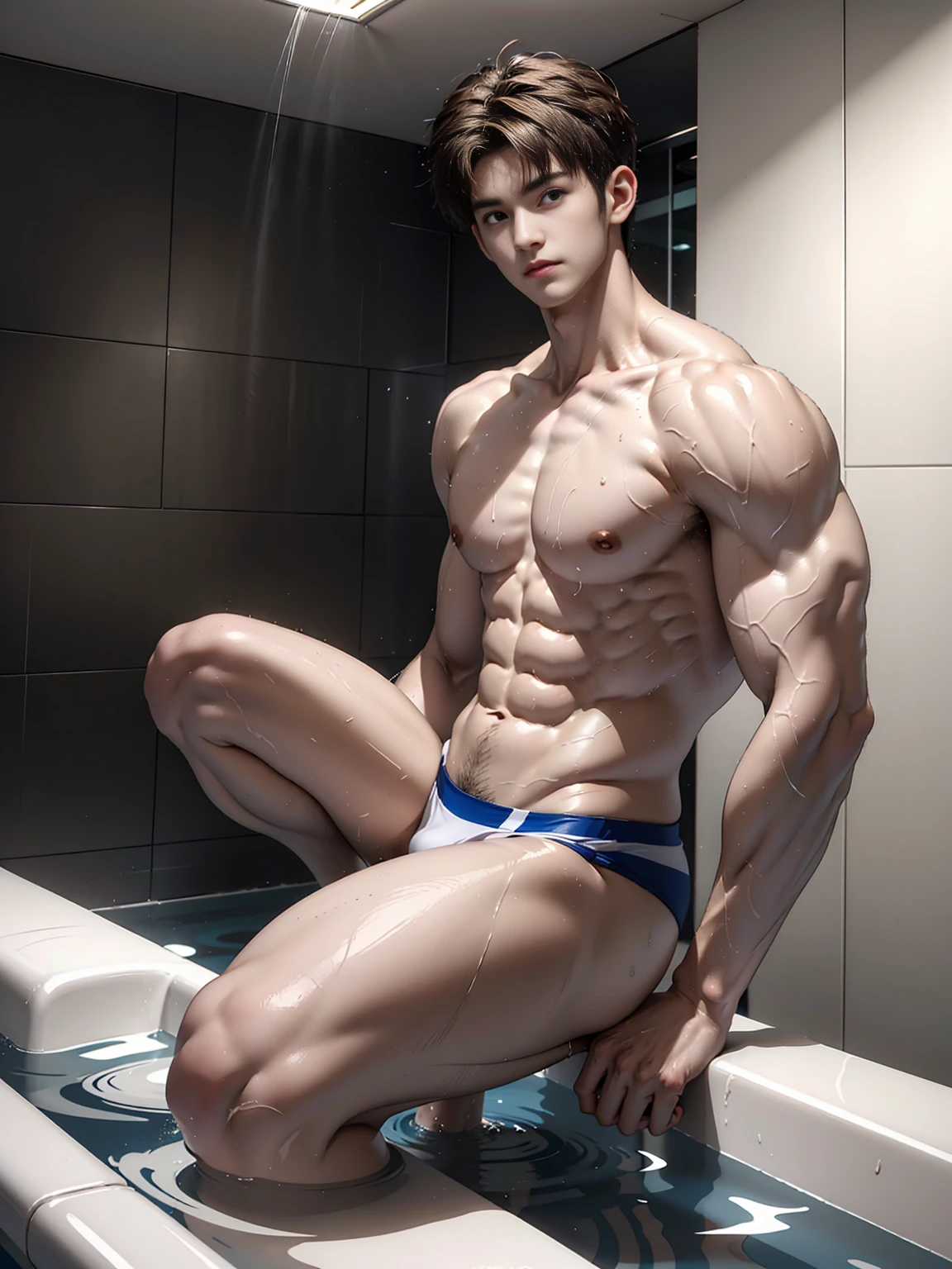 masterpiece,best quality, (A 16-year-old tall boy:1.2), (Kneeling in the bathroom taking a bath:1.2),(White swimming briefs), white shirt,Extremely strong body,Attractive and fit body,Inverted triangle figure,Biceps,Highlight muscle texture,Frontal upward perspective, Muscular body,Handsome and cute face,Perfectly detailed facial features,leaning back, Shower head,Water Splash,head tilt, happy, very short hair, brown hair,(looking at viewer:1.2),Vision