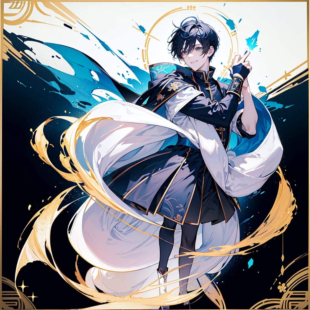 A full-body illustration of a handsome man looking at you and smiling。boots,visual kei,onii kei、Delicate Drawing、Blonde、acrylic、Thick Coating、Color Sketch、in the style of bold line,White background。A suitable background --s 70