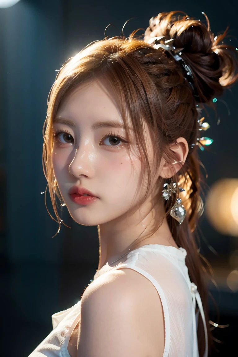 Best image quality, masterpiece level, ultra-high resolution, realism, fantasy theme, weapons, facial details, a girl, single, hair bun, fairy tale theme, upper body, Chinese architecture, flame, get detailed outdoor lighting and movie lighting, increase detailed overall ambient light, face and eye details, improve the realism of body details, clearly express sharp focus, expressionless, white clothes, burgundy hair, bright eyes, simple background.