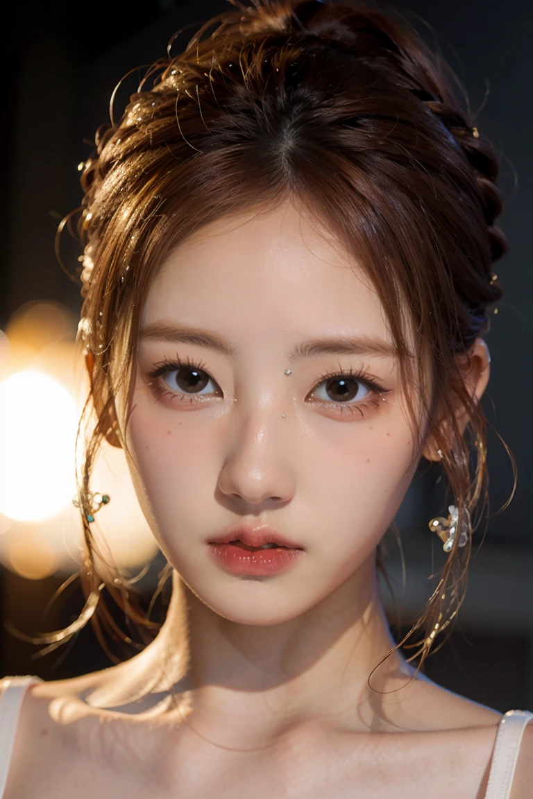 Best image quality, masterpiece level, ultra-high resolution, realism, fantasy theme, weapons, facial details, a girl, single, hair bun, fairy tale theme, upper body, Chinese architecture, flame, get detailed outdoor lighting and movie lighting, increase detailed overall ambient light, face and eye details, improve the realism of body details, clearly express sharp focus, expressionless, white clothes, burgundy hair, bright eyes, simple background.