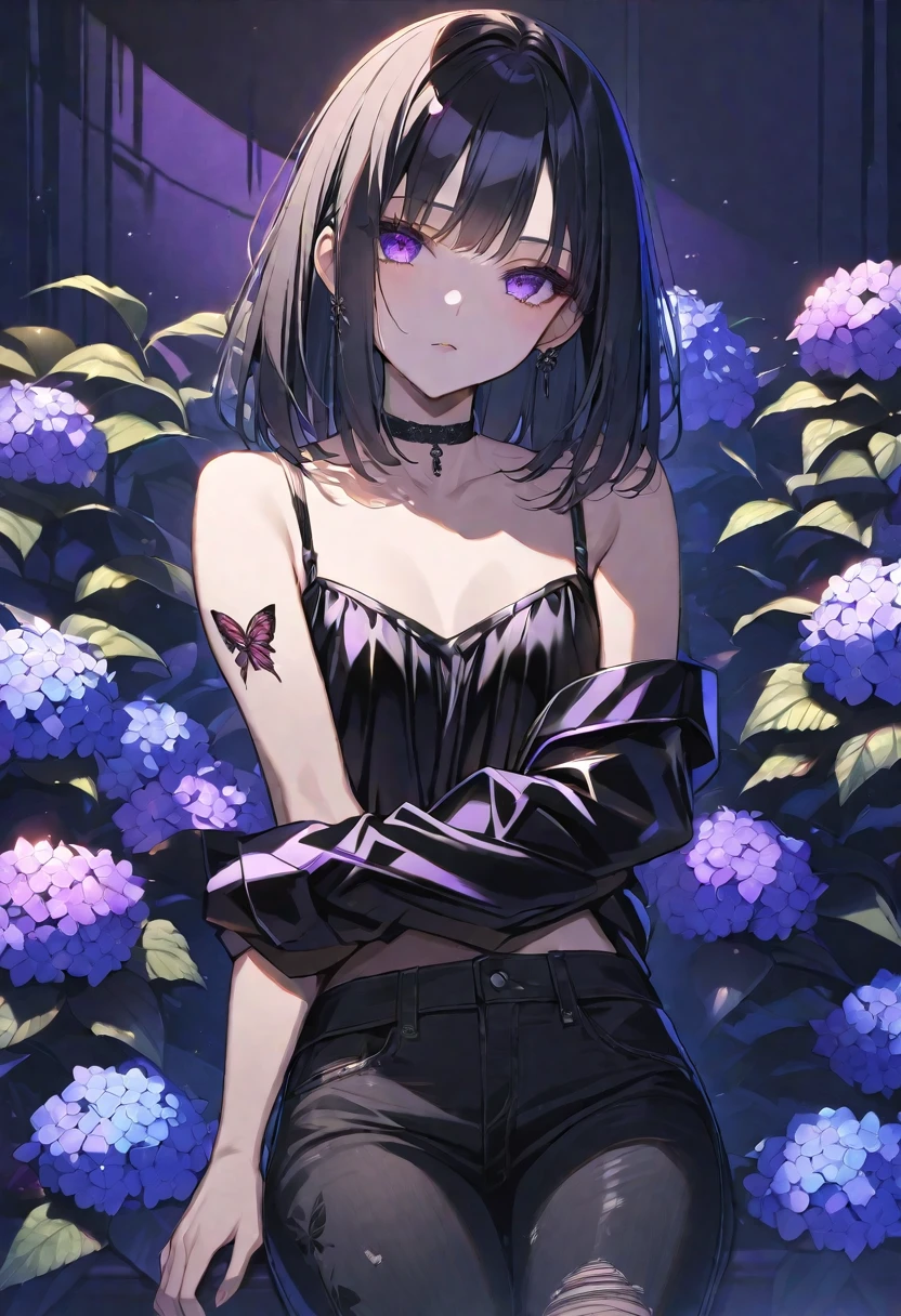 Tan skinned girl with black hair wearing purple butterfly shirt with black butterflies black fishnets black skirt caramel skin