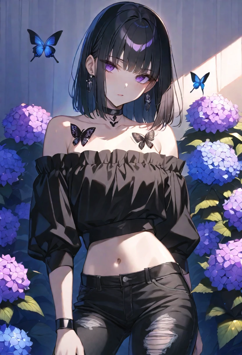 solo, handsome, Glossy feel,
1. Female,
Hime cut,Straight Hair,Bob Hair,
black hair,
Nakano Yotsuba,
purple Eyes,Soft look,beautiful,beautiful,Sexy,Darkness,butterfly Tattoo,Lots of black earrings,choker,
black Off Shoulder,black Distressed jeans,
skin,Black Rose,Alluring,
Hydrangea background,