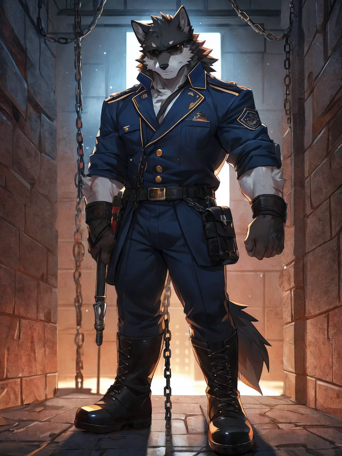 embedding:black wolf, male,Black sunglasses,Scar on the face, scar on the body,Single person,Prison guard,Warden's uniform,Leather boots,Prison scenes,With a baton in hand.A dark cell.The highest quality of scene detail,adult,Tall and powerful,muscle,Best quality hands, best quality eye,detailed fur,Delicate eyes.Extreme picture quality,by sollyz,by zixiong,by milkytiger1145