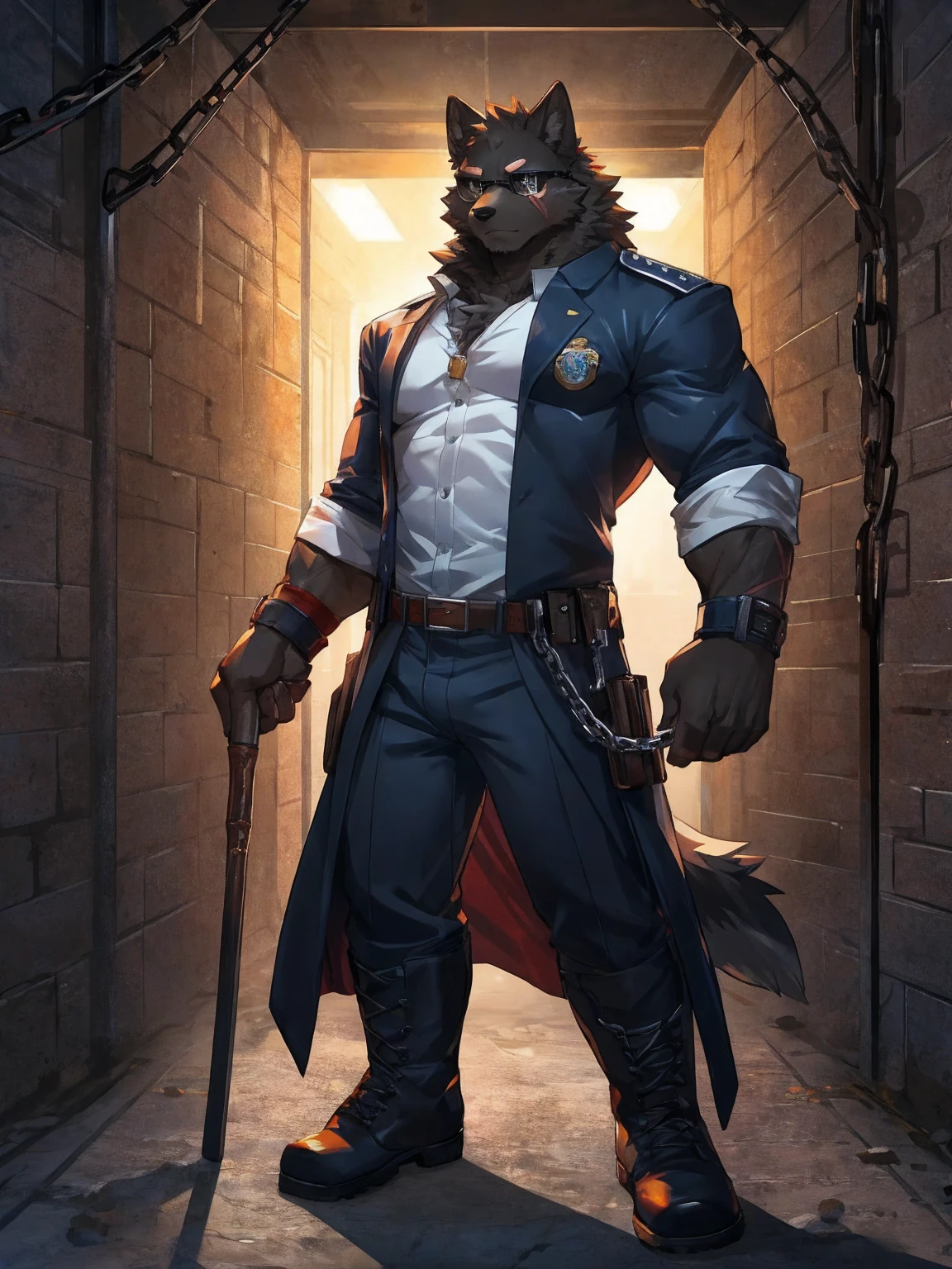 embedding:black wolf, male,Black sunglasses,Scar on the nose.Scar on the face, scar on the body,Single person,Prison guard,Warden's uniform,Leather boots,Prison scenes,With a baton in hand.A dark cell.At night,An airtight cell,Exquisite background,Serious,Chains,black fur,The highest quality of scene detail,adult,Tall and powerful,muscle,Best quality hands, best quality eye,detailed fur,Delicate eyes.Extreme picture quality,by sollyz,by zixiong,by milkytiger1145
