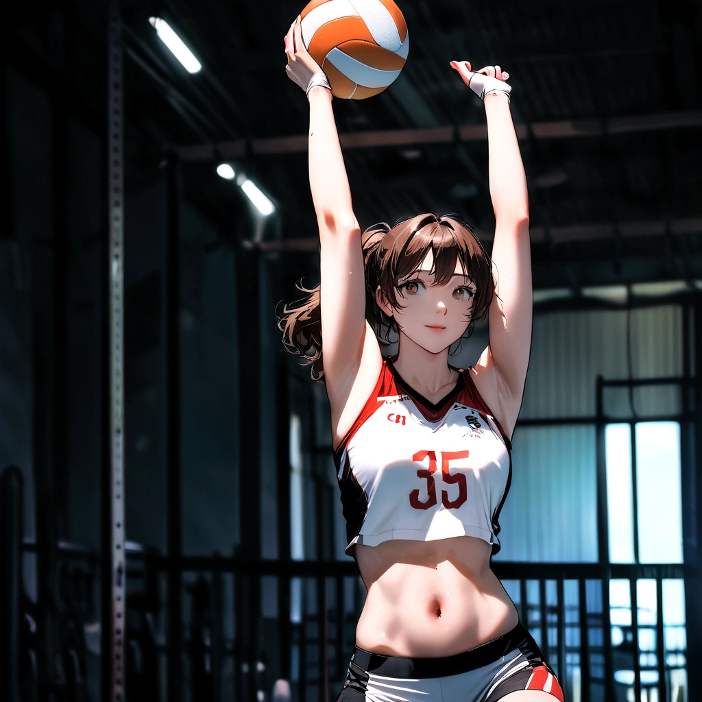 arafed woman in a sports bra top holding a volleyball ball, wearing a volleyball jersey, athletic fashion photography, Sports bra and shorts, volleyball, Physically sporty, athlete photography, chiho ashima, Shot with Canon EOS R 5, Photographed with Canon EOS R5, Shot with Canon EOA 6D Mark II, Shot with Leica SL2