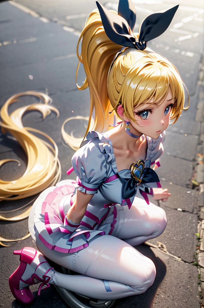 Cure the rhythm、Pretty Cure、blonde、Long Hair、Medium Chest、prison、One Girl、((Pantyhose with holes))、(boots)、ponytail、(His arms are chained)、Kneel、(Black Pantyhose)