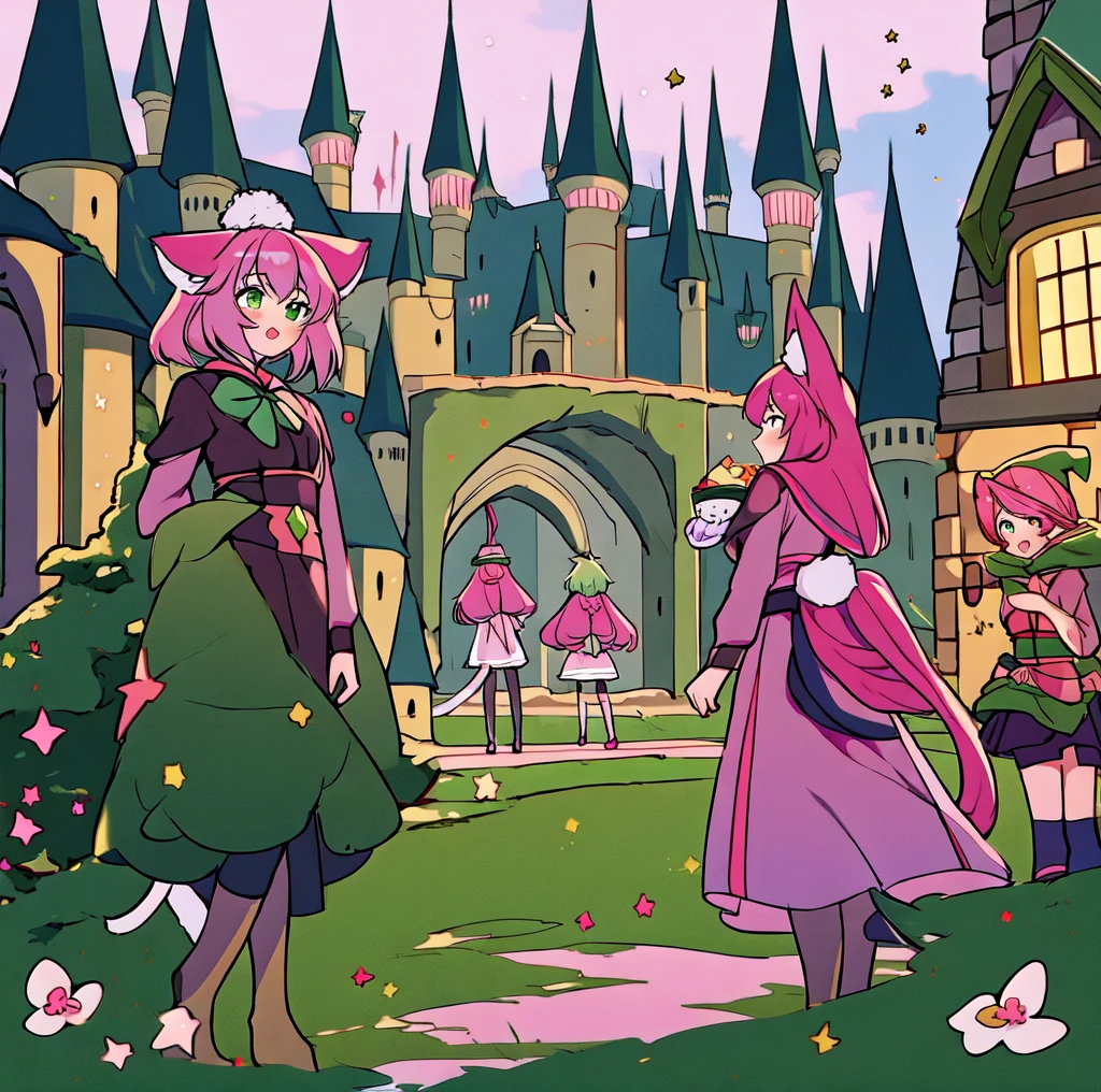 two anime girls standing by each other in hagworts ,multiple girls, 2girls, tail, animal ears,wizard  hat,schoop uniformr, food,green hair,pink hair,castle