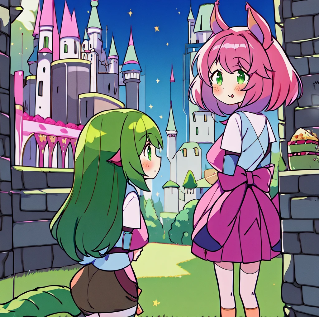 two anime girls standing by each other in hagworts ,multiple girls, 2girls, tail, animal ears,wizard  hat,schoop uniformr, food,green hair,pink hair,castle