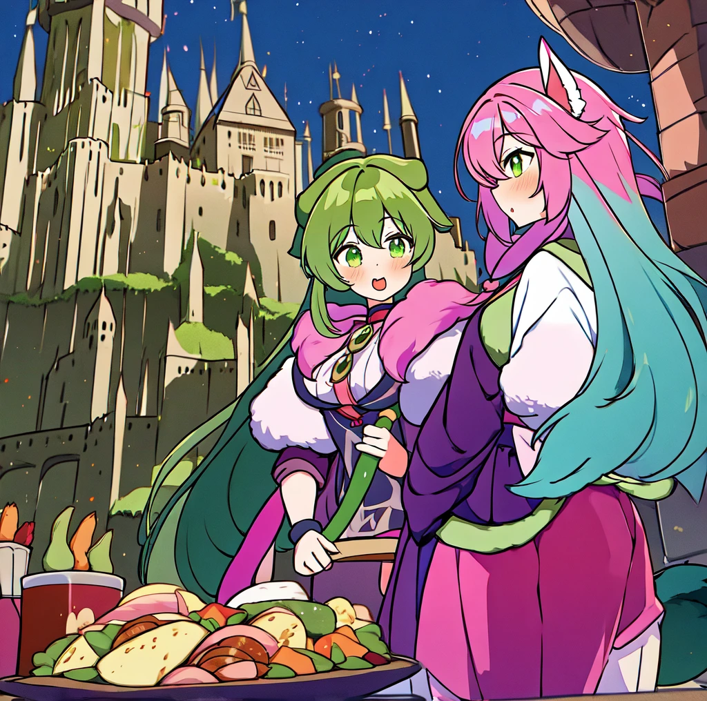 two anime girls standing by each other in hagworts ,multiple girls, 2girls, tail, animal ears,wizard  hat,schoop uniformr, food,green hair,pink hair,castle