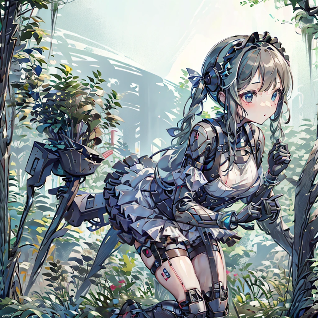 A girl gardening at home and a robot。The girl is wearing overalls、Braided twin tails。The robot has no clothes、Teaching girls about agriculture。