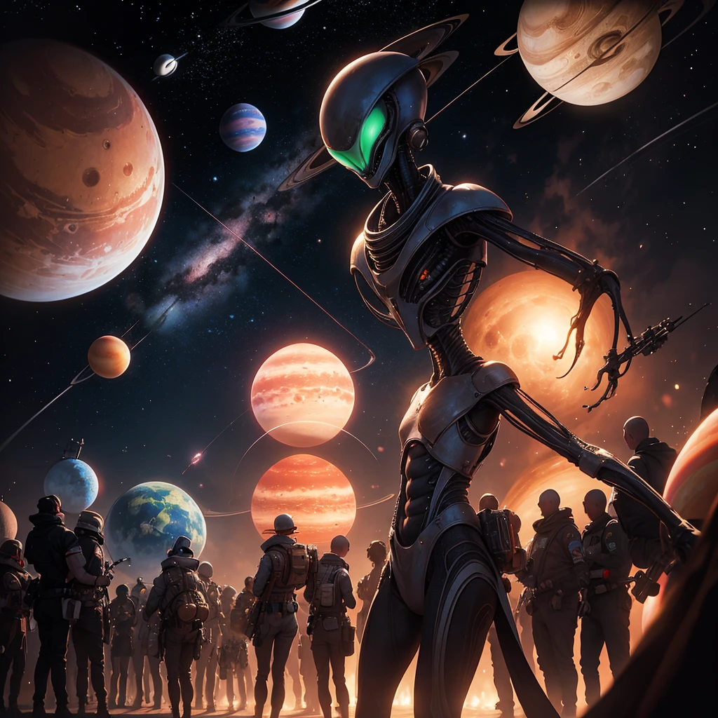 Draw an alien in front of a parade of planets