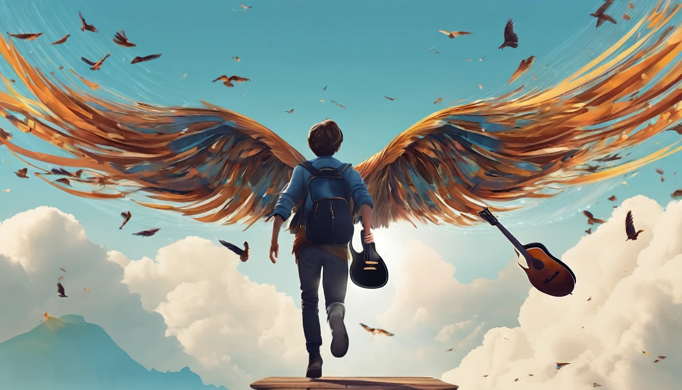 Create a professional, fantastic, cinematic Youtube Banner for a brand about music and stories called " Penamemoria". Masterpiece, 4k, sharp focus, highest quality,wide shot. The title is " Penamemoria". Is a brand about the creative, unique journey of a boy into becoming a musician storyteller. In his journey he finds inspiration in a world of birds and feathers. Minimalistic, simple, poetic, dreamy logotype at the center of the image. The Background image is a world full of fantastic feathers, unique birds, light blue sky, and a boy running happily into the horizon with an acoustic guitar in his right hand. Boy running against the wind, almost simulating like he is flying. The logo should be simple, memorable, timeless, and versatile, working well in both print and digital formats. It should also subtly hint at the fantastic musical aspect of the brand.
