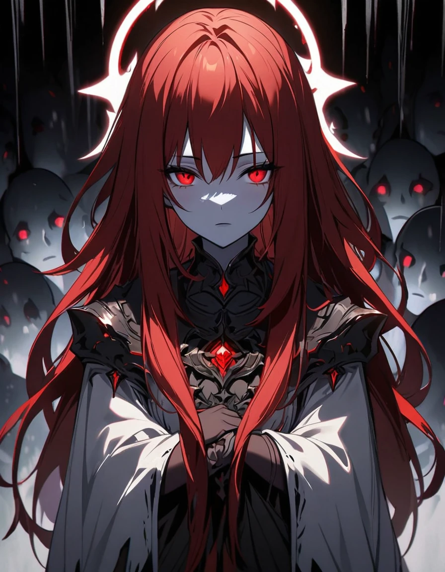 (dark fantasy), gloomy deity, dark girl, pale white skin, brightly red eyes, bright red hair, long hair, unique red black white halo, (dark lighting), many shadows, cold lights