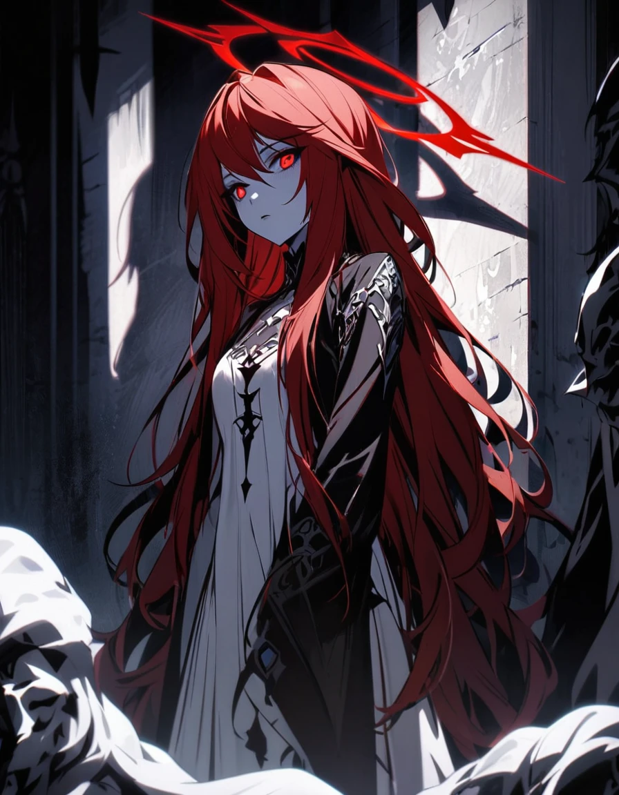 (dark fantasy), gloomy deity, dark girl, pale white skin, brightly red eyes, bright red hair, long hair, unique red black white halo, (dark lighting), many shadows, cold lights