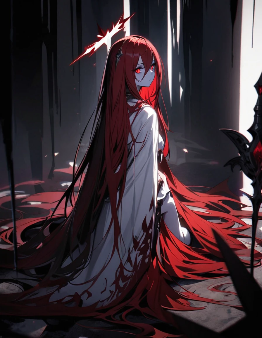 (dark fantasy), gloomy deity, dark girl, pale white skin, brightly red eyes, bright red hair, long hair, unique red black white halo, (dark lighting), many shadows, cold lights