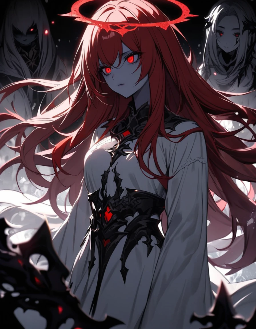(dark fantasy), gloomy deity, dark girl, pale white skin, brightly red eyes, bright red hair, long hair, unique red black white halo, (dark lighting), many shadows, cold lights