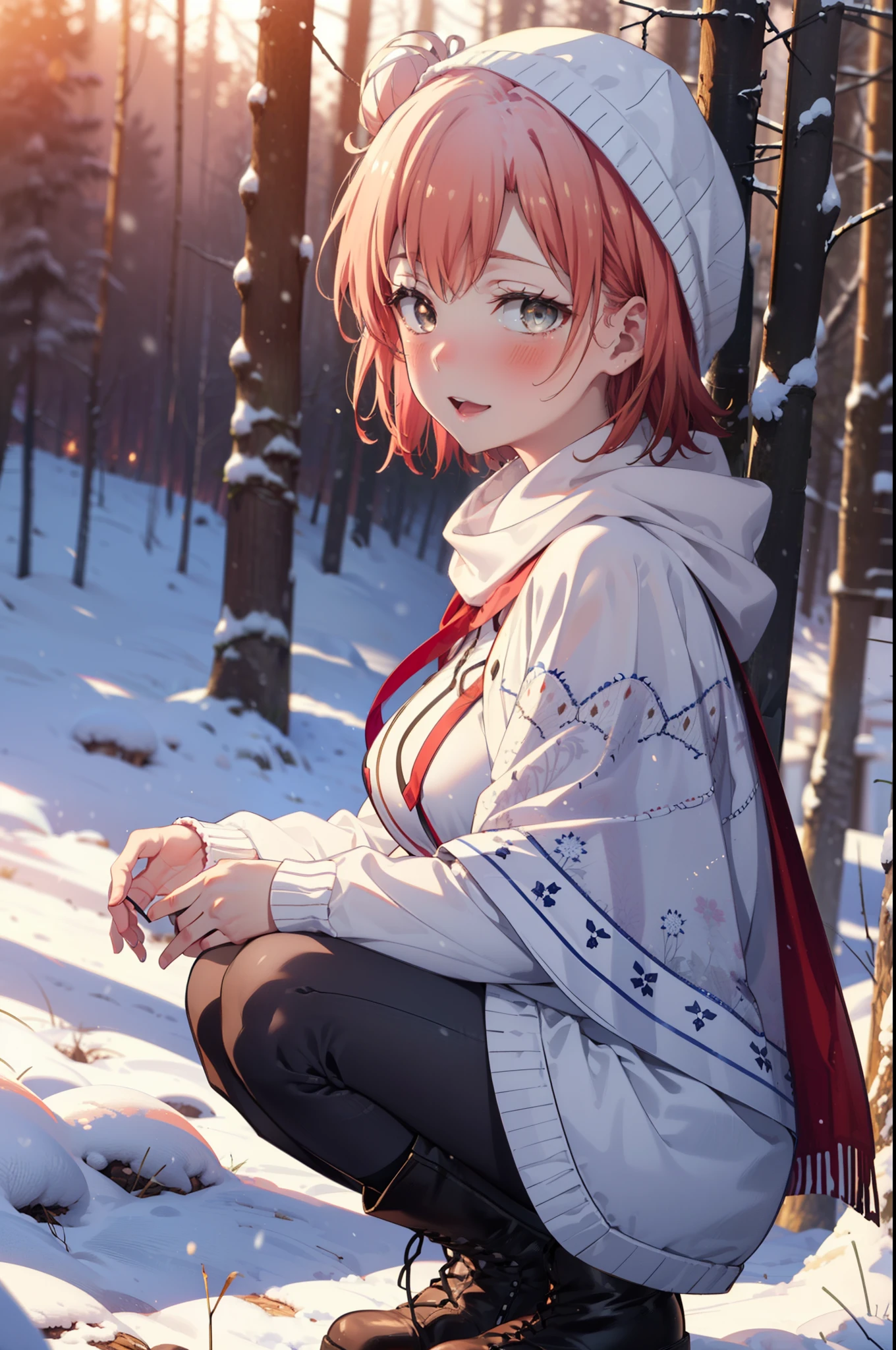 yuiyuigahama, yui yuigahama, short hair, (Brown eyes:1.5), (Pink Hair:1.2), Hair Bun, single Hair Bun, smile, (Big Breasts:1.2),smile,blush,White Breath,
Open your mouth,snow,Ground bonfire, Outdoor, boots, snowing, From the side, wood, suitcase, Cape, Blurred, forest, White handbag, nature,  Squat, Mouth closed,Cape, winter, Written boundary depth, Black shoes, red Cape break looking at viewer, Upper Body, whole body, break Outdoor, forest, nature, break (masterpiece:1.2), Highest quality, High resolution, unity 8k wallpaper, (shape:0.8), (Beautiful and beautiful eyes:1.6), Highly detailed face, Perfect lighting, Highly detailed CG, (Perfect hands, Perfect Anatomy),