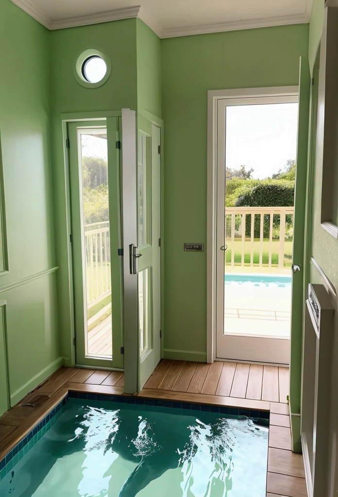 Camera view, top, infinite green backroom, in the distance a door with swimming pool, large place like a labyrinth of backrooms