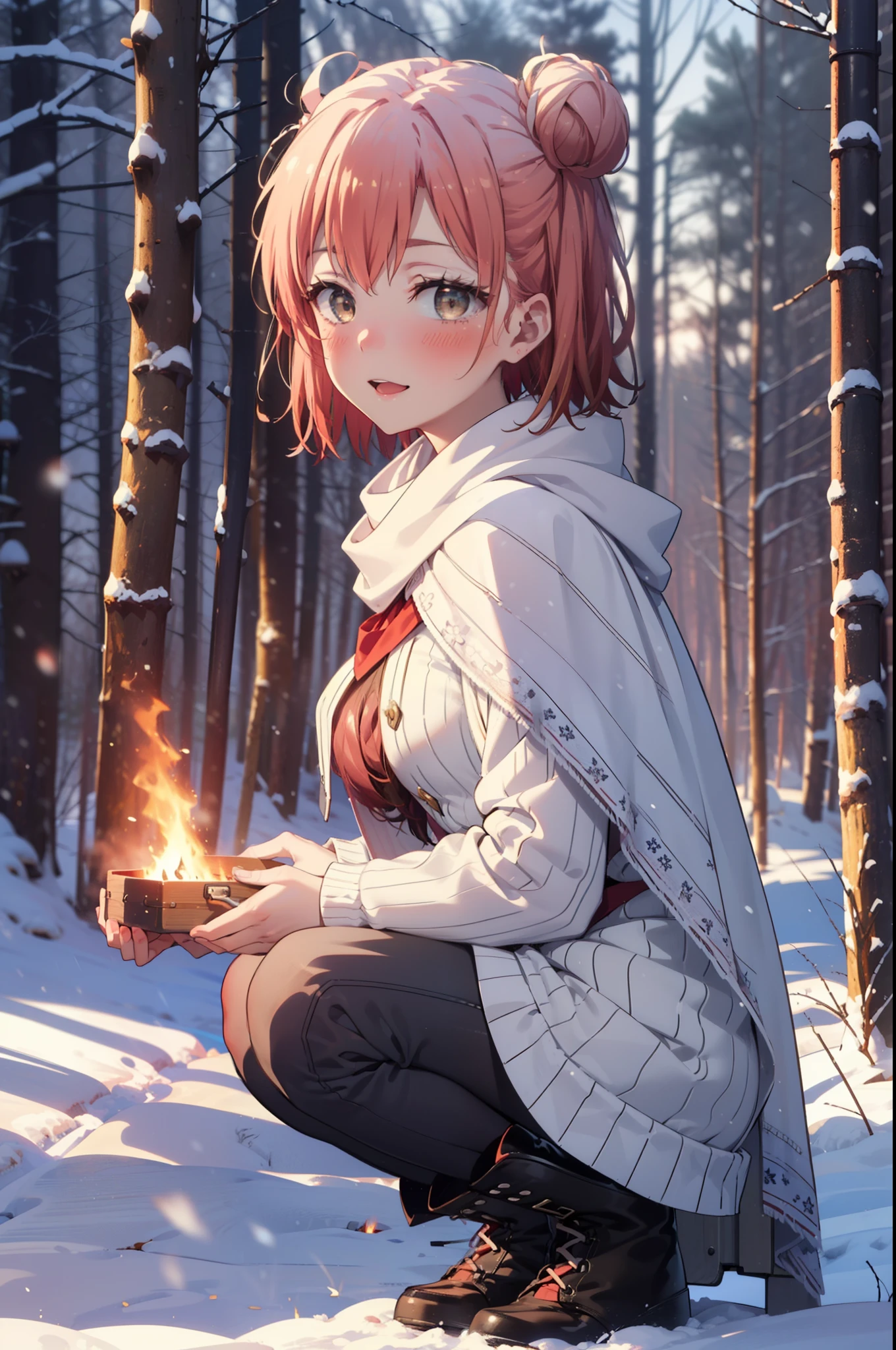 yuiyuigahama, yui yuigahama, short hair, (Brown eyes:1.5), (Pink Hair:1.2), Hair Bun, single Hair Bun, smile, (Big Breasts:1.2),smile,blush,White Breath,
Open your mouth,snow,Ground bonfire, Outdoor, boots, snowing, From the side, wood, suitcase, Cape, Blurred, forest, White handbag, nature, Squat, Mouth closed,Cape, winter, Written boundary depth, Black shoes, red Cape break looking at viewer, Upper Body, whole body, break Outdoor, forest, nature, break (masterpiece:1.2), Highest quality, High resolution, unity 8k wallpaper, (shape:0.8), (Beautiful and beautiful eyes:1.6), Highly detailed face, Perfect lighting, Highly detailed CG, (Perfect hands, Perfect Anatomy),