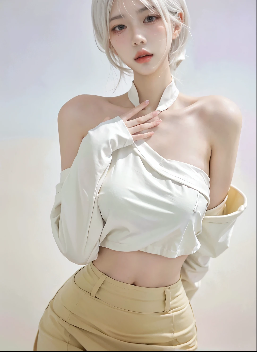 Beautiful woman with perfect figure:1.4，Ultra-high resolution，White background，（lifelike：1.4），Layered Hairstyle，White skin，Bikini:1.5，Super short pleated skirt，whole body，Very delicate face and skin texture，Double eyelids，Skin Whitening，short hair，White hair