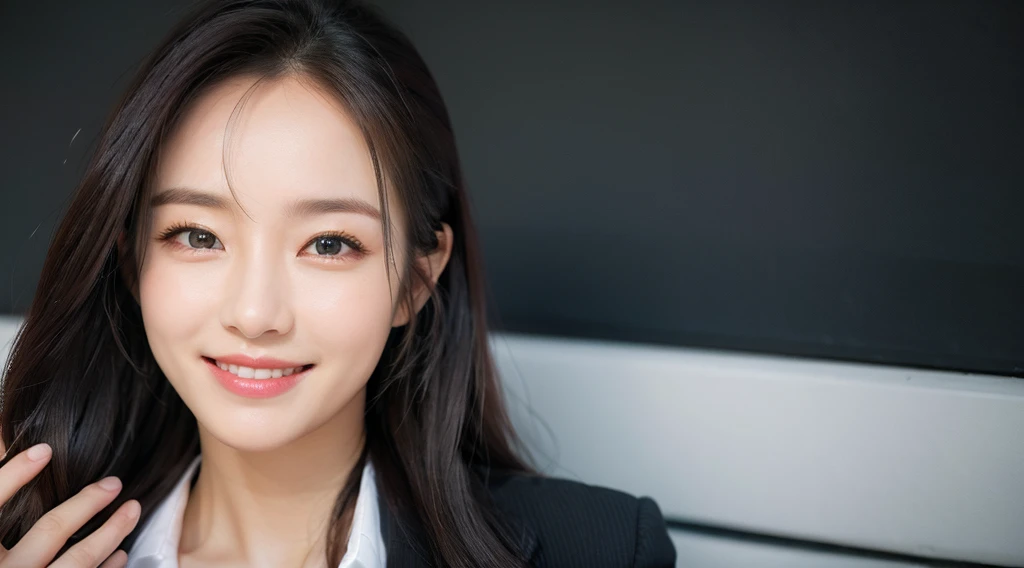 face forcus、Beautiful woman、business sui、jaket、Button shirt、a picture、A detailed face、Detailed lips、A detailed eye、a smile