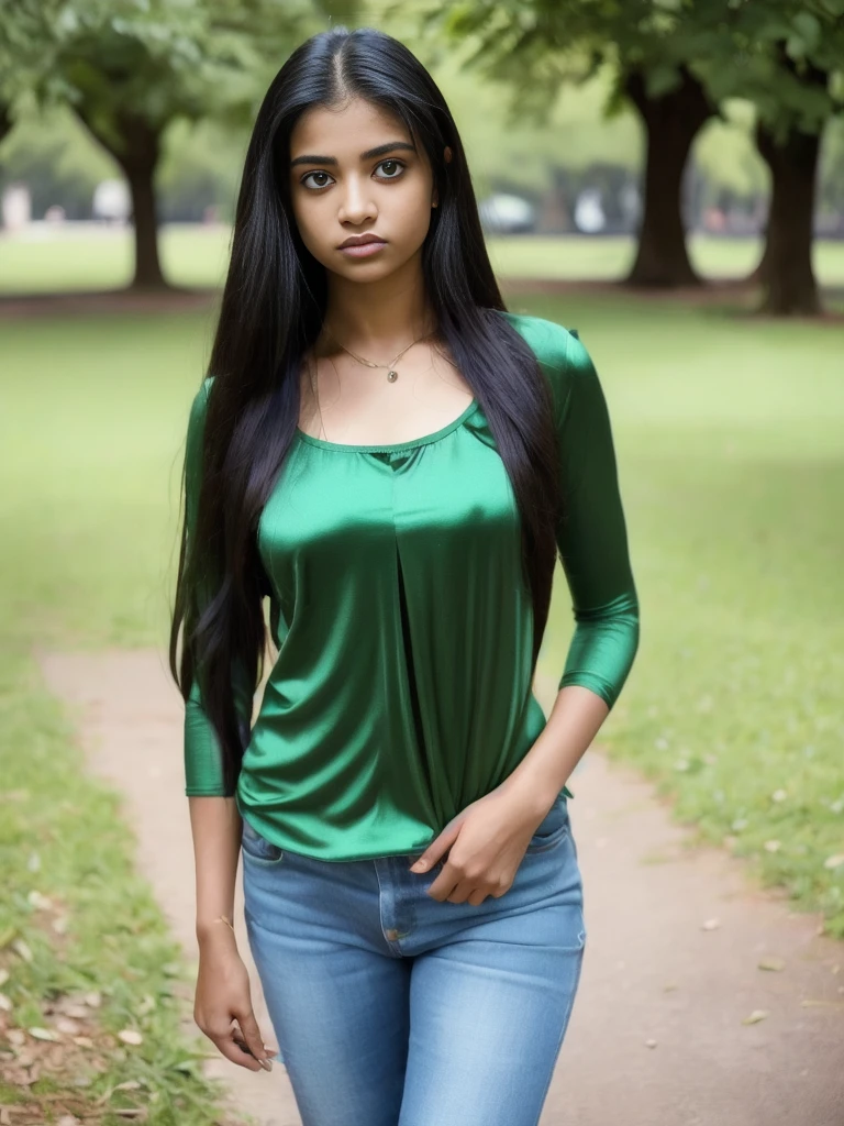 Portrait of 19 years old charming teenager girl, healthy, beautiful Indian woman, very long black hair, cute and serious, naughty and provoking expression to the viewer, ((tight green silk top))), jeans, full body, in the park, sexy, ultra-realistic, photorealistic, detailed, light skin, detailed in 8K, [no worries, NSFW,]