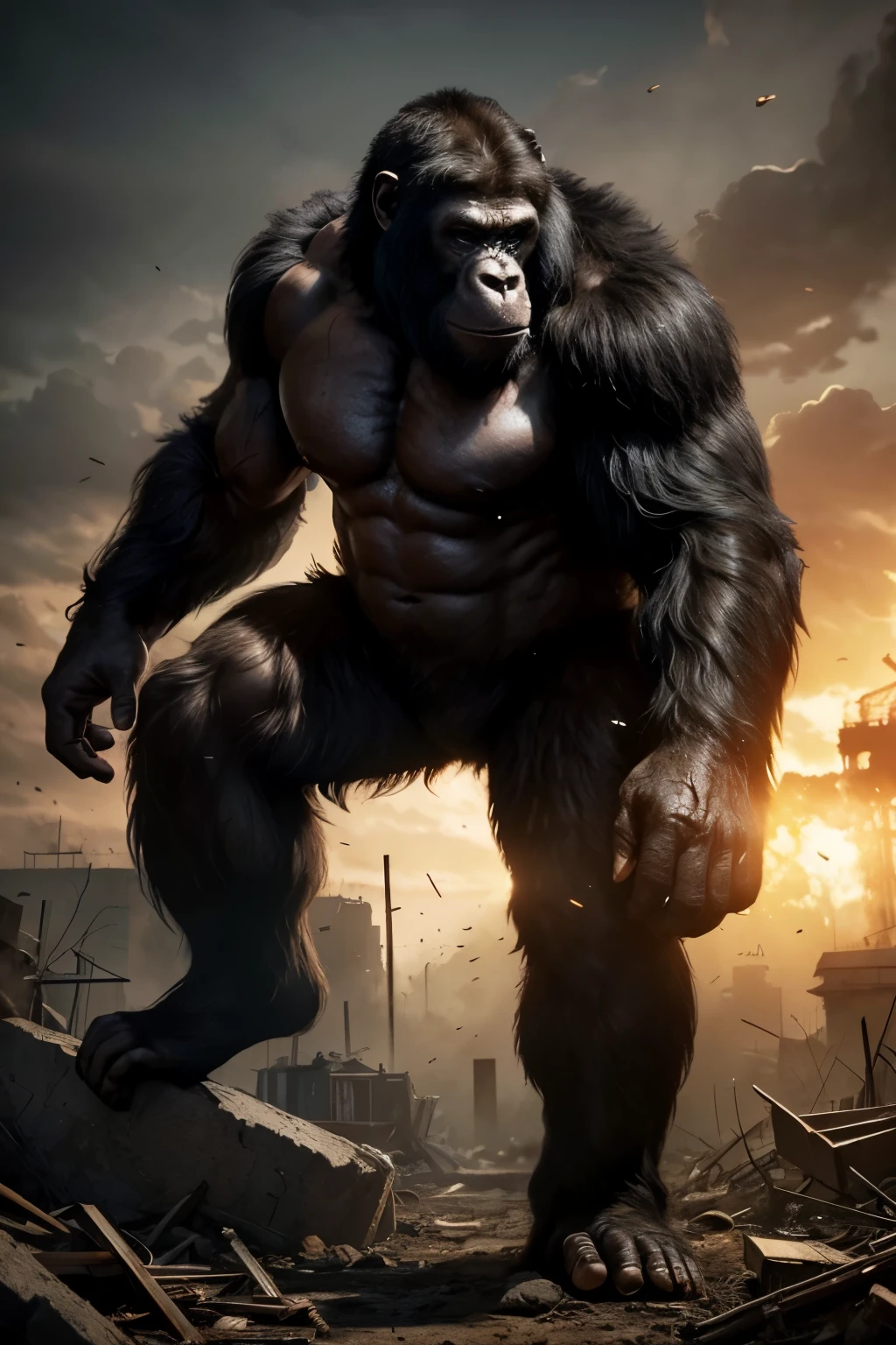 High Resolution Masterpiece: 1.5, Poster-worthy Apocalypse Gorilla Hiding in Fear, Majestic Ape in Disguise, Detailed and Gritty, 1 Subject, Intense Eyes Radiating Wariness, Hideous Scars, Massive Muscles, Bulging Biceps, Ragged Fur, Gigantic Silverback, Apocalyptic wasteland, Remains of Civilization, Smoke, Ruins, Desolate Cityscape, Dark and Gritty, Dystopian Future, Post-apocalyptic theme, Shadows, Contrast, Particle Effects, Detailed Textures, 3D Octane