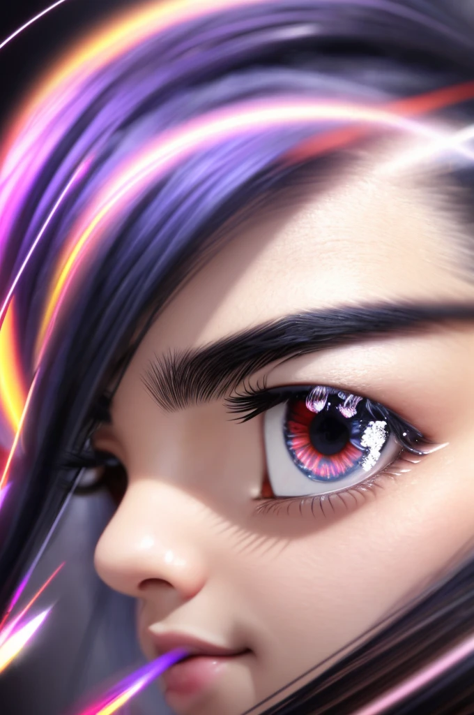 black hair, hair bobbles, wince, longeyelashes, solid circle eyes, fake animal ears, light smile, ear blush, fang, ccurate, streaked hair, halo, mole under eye, multicolored eyes, crystal earrings, sleepy, Surrealism, drop shadow, anaglyph, stereogram, tachi-e, pov, atmospheric perspective, rococo style, motion blur, outside border, fisheye, diffraction spikes, cinematic lighting, 8k, super detail, best quality, UHD