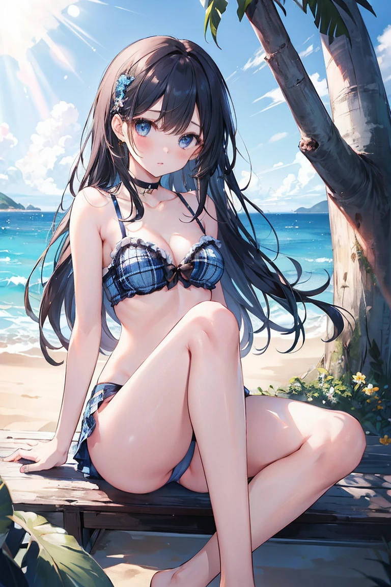 (((masterpiece、Highest quality、High resolution、sunlight、delicate)))Long black hair、Blue Eyes、coastal、Beach、Naughty look、White and blue plaid bra、White and blue plaid panties、Bend your legs、Woman's face、Hot Face、A slightly troubled look、Sweaty skin、blue sky、squat、Spread your legs、Underwear is visible、Embarrassing、Side Ponytail、Scrunchie