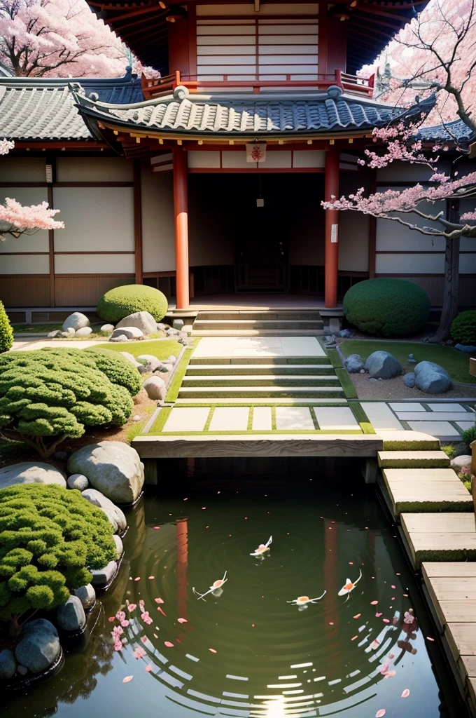(number),(best quality), Peaceful Japanese garden, Cherry Blossoms, Koi Pond, Pedestrian Bridge, pagoda, Ukiyo-e art style, Hokusai's inspiration, Deviant Art Pop, 8k ultra-realistic, Pastel color scheme, Soft lighting, Prime Time, Tranquil atmosphere, Landscape Orientation - Automatic