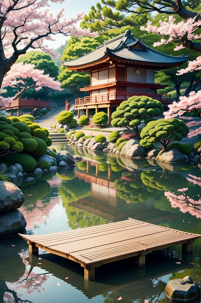 (number),(best quality), Peaceful Japanese garden, Cherry Blossoms, Koi Pond, Pedestrian Bridge, pagoda, Ukiyo-e art style, Hokusai's inspiration, Deviant Art Pop, 8k ultra-realistic, Pastel color scheme, Soft lighting, Prime Time, Tranquil atmosphere, Landscape Orientation - Automatic