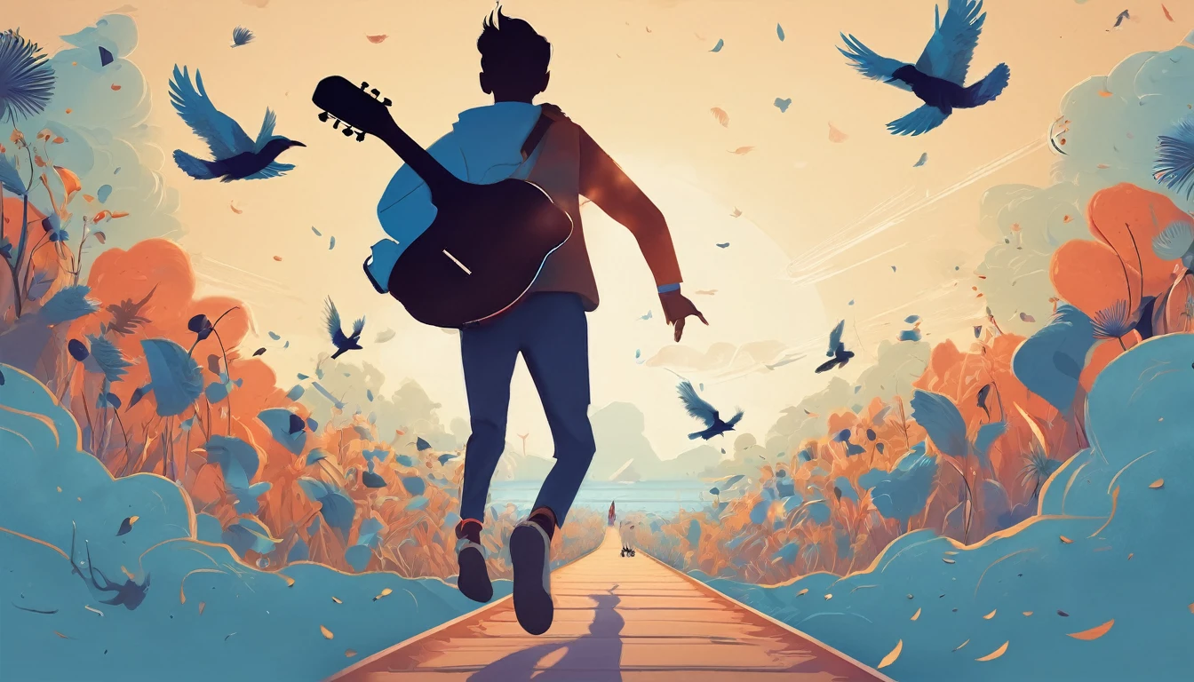 Create a professional, fantastic, cinematic Youtube Banner for a brand about music and stories called " Penamemoria". Masterpiece, 4k, sharp focus, highest quality,wide shot. The title is " Penamemoria". Is a brand about the creative, unique journey of a boy into becoming a musician storyteller. In his journey he finds inspiration in a world of birds and feathers. Minimalistic, simple, poetic, dreamy logotype at the center of the image. The Background image is a world full of fantastic feathers, unique birds, light blue sky, and a boy running happily into the horizon with an acoustic guitar in his right hand. Boy running against the wind, almost simulating like he is flying
