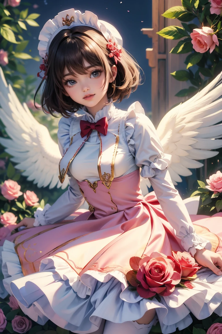 Kinomoto Sakura, Sakura CardCaptors, roses, ornament hair, brown hair, short hair, maid, dress, maid apron, maid headdress, sky, rainbow colors in the aurora boreal, night, 1girl, dress, solo, flowing hair, floating hair, ornament hair, perfectly body, perfectly hands, on garden, petals, centered girl, white dress, more details on her clothes, dress with transparency, golden details, daylight, smiling, cape, ((4k, masterpiece, top-quality)),8k, best quality, high resolution, HD, (illustration:0.8), super cute girl, delicate and beautiful face, mature girl, super cute hairstyle, (beautiful detailed eyes:1.6), extremely detailed face, perfect lighting, extremely detailed CG, (perfect hands, perfect anatomy), Best quality, cleavage, small skirt, full Body, two arms, two legs, two hands, five fingers