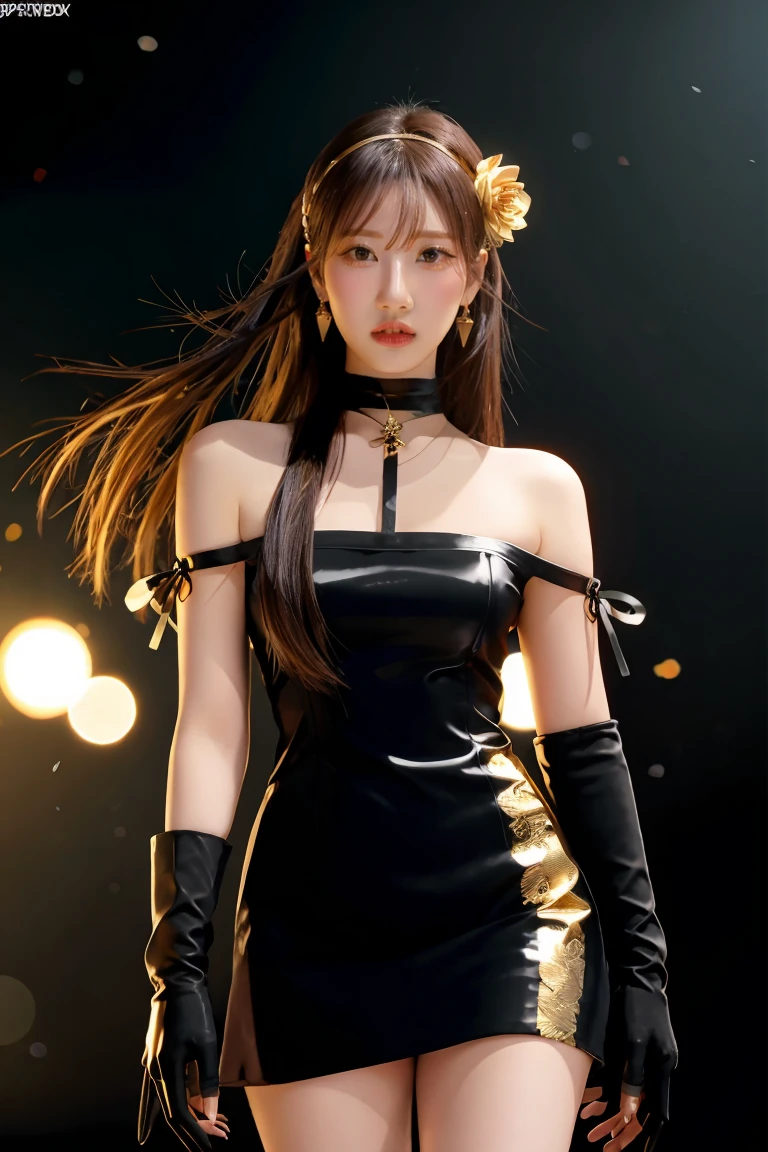 yor briar, (photorealistic), beautiful girl,backlighting, bare shoulders, black background, black dress, black gloves, black hair, breasts, closed mouth, cowboy shot, dress, earrings, expressionless, fingerless gloves, floating hair, gloves, gold earrings, gold hairband, hair flower, hair ornament, hairband, jewelry, large breasts, light particles, long hair, looking at viewer, off-shoulder dress, off shoulder, petals, red eyes, short hair with long locks, sidelocks, solo, spikes, thighs, two-sided dress, two-sided fabric, ((masterpiece))