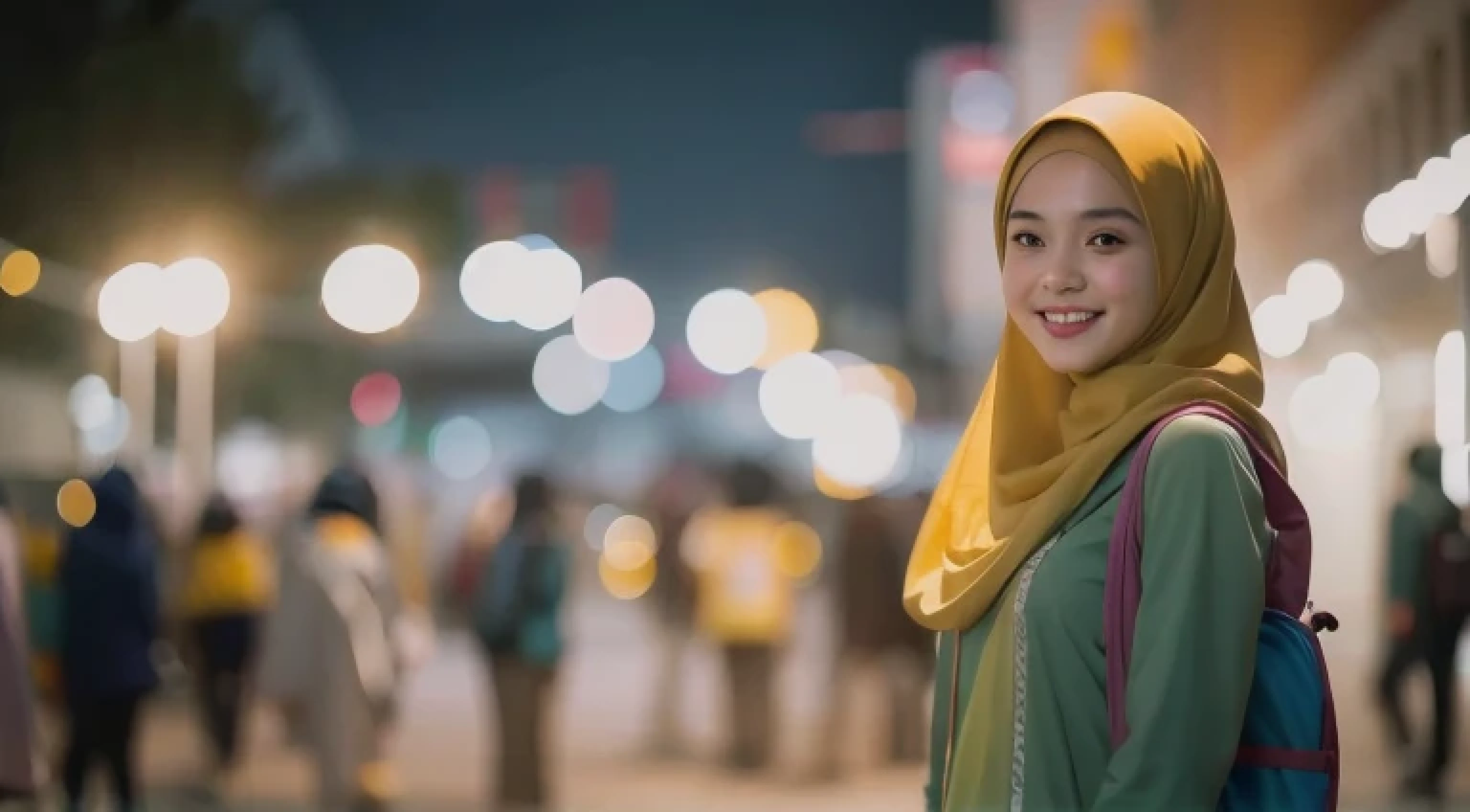 A girl, Malay, hijab, plain Malaysia baju kurung, college girl, back pack, detail skin, detail skin texture, big eye, mole below eyes, small breast, slim abs, beautiful body, nighttime, laughing, happy, bright lighting, college student scene, blur background, full body picture, rules of third, vibrant color grading, light leaks, starbursts, epic fantasy.