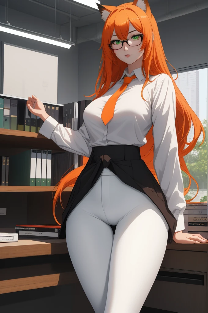 (masterpiece, Best quality), 8K, ultra detailed, realistic photo, Detailed face, perfect lighting, green eyes, bright orange hair, bright hair, fox ears, nice legs, side photo, beautiful, Cute, skin pores, 1 girl, perfect shirt, fully dressed, beautiful women 30 years old, Beautiful proportions, Russian woman, Caucasian, European, Business lady, stunningly beautiful woman, mother, thick legs, show ass, big breasts, (Thin white shirt:1.4), thick, hot, (White Office Wear:1.4), tight pants, (wide hips:1.2), thick, (white Office pants:1.3), spread your legs, Legs open, full length, wide hips, Glasses, with long orange hair, standing on the beach near the ocean, green eyes detailed digital anime art, cat ear, anime girl with long hair, гладкое аниме cg art, anime girl with long hair, digital anime art, work in Guweiz style, Beautiful anime portrait, Photorealistic render of an anime girl, pantyhose, Beautiful anime girl, advanced digital anime art, guweiz на artstation pixiv HD UHD HQ
