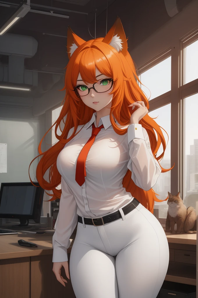 (masterpiece, Best quality), 8K, ultra detailed, realistic photo, Detailed face, perfect lighting, green eyes, bright orange hair, bright hair, fox ears, nice legs, side photo, beautiful, Cute, skin pores, 1 girl, perfect shirt, fully dressed, beautiful women 30 years old, Beautiful proportions, Russian woman, Caucasian, European, Business lady, stunningly beautiful woman, mother, thick legs, show ass, big breasts, (Thin white shirt:1.4), thick, hot, (White Office Wear:1.4), tight pants, (wide hips:1.2), thick, (white Office pants:1.3), spread your legs, Legs open, full length, wide hips, Glasses, with long orange hair, standing on the beach near the ocean, green eyes detailed digital anime art, cat ear, anime girl with long hair, гладкое аниме cg art, anime girl with long hair, digital anime art, work in Guweiz style, Beautiful anime portrait, Photorealistic render of an anime girl, pantyhose, Beautiful anime girl, advanced digital anime art, guweiz на artstation pixiv HD UHD HQ