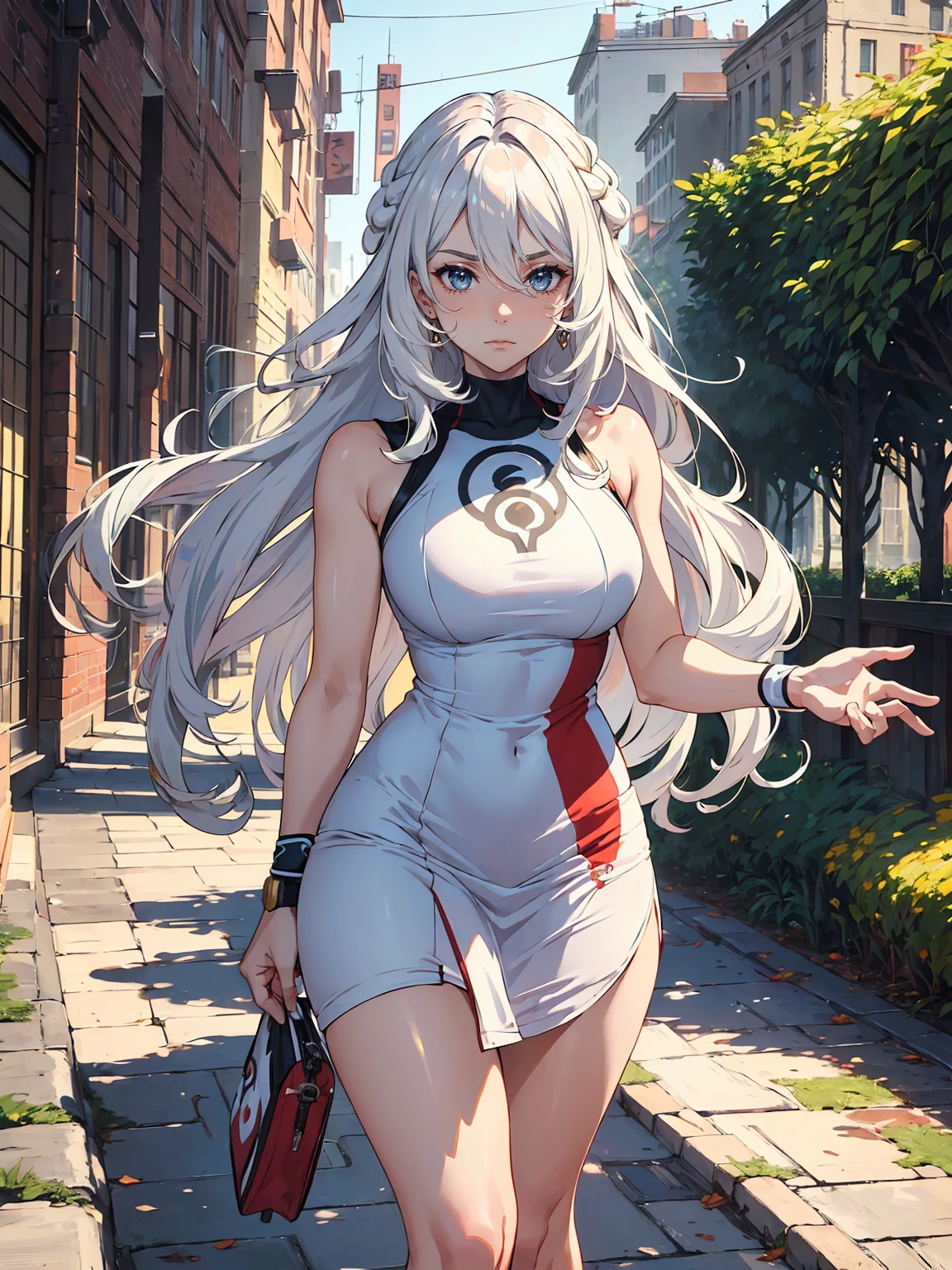 (Highly detailed, vibrant colors: 1.2), One Piece, Yuta, red hair on the left, gray hair on the right side, not wearing pants, Kamimi, Yandere, flushed cheeks, beautiful girl with fine details, while sweat is dripping down the body, Sick, enchanted thighs, sexy pose, protruding penis, futa, girl with a dick