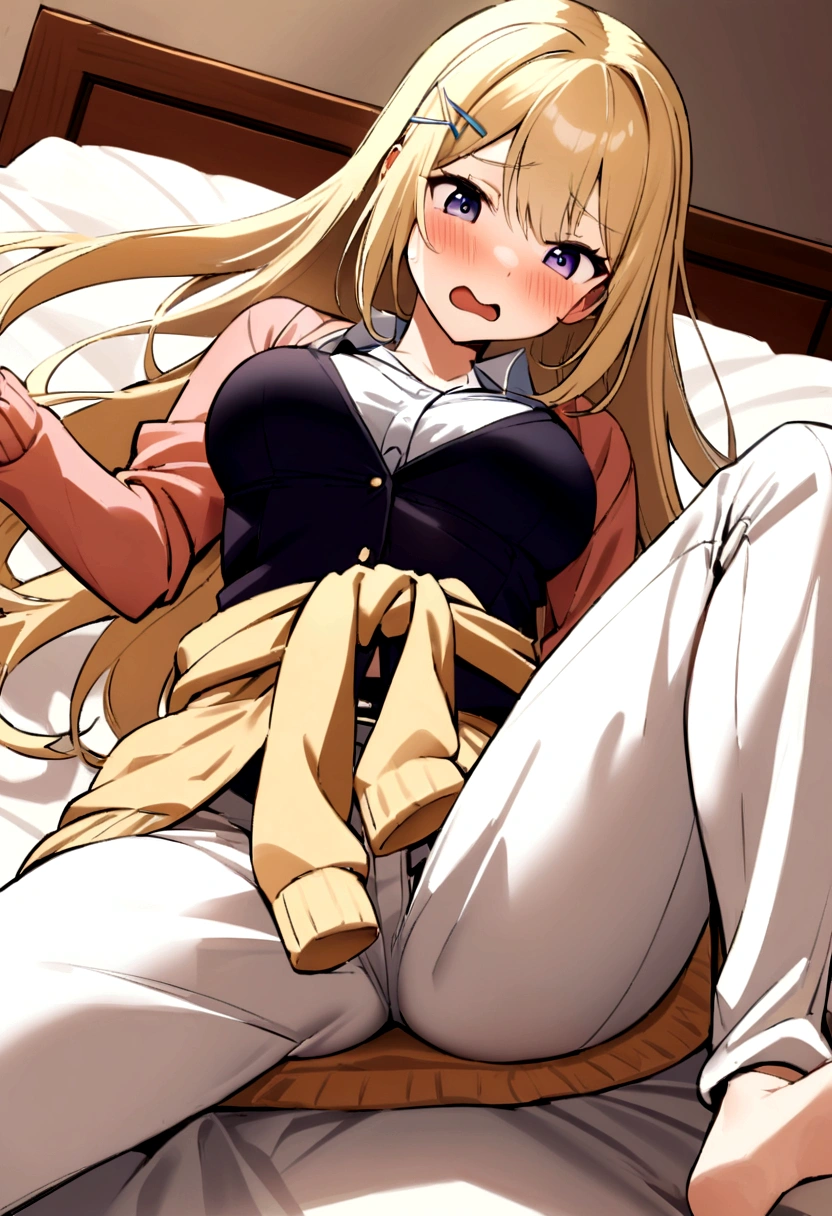 Cute Japanese Girls　shirt　Blonde　Lively impressions　Dance Club　uniform　Wrap a cardigan around your waist　hairpin　Long Hair　On the bed　Spread your legs wide　Show off your pants　Embarrassed