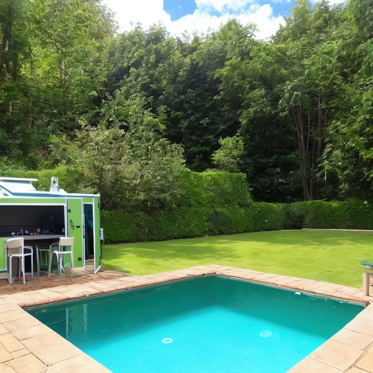 Camera view, top, infinite green backroom, in the distance a door with swimming pool, large place like a labyrinth of backrooms