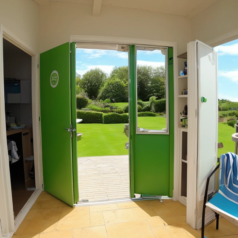 Camera view, top, infinite green backroom, in the distance a door with swimming pool, large place like a labyrinth of backrooms