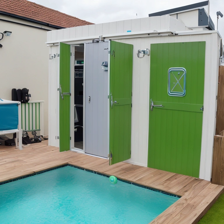 Camera view, top, infinite green backroom, in the distance a door with swimming pool, large place like a labyrinth of backrooms