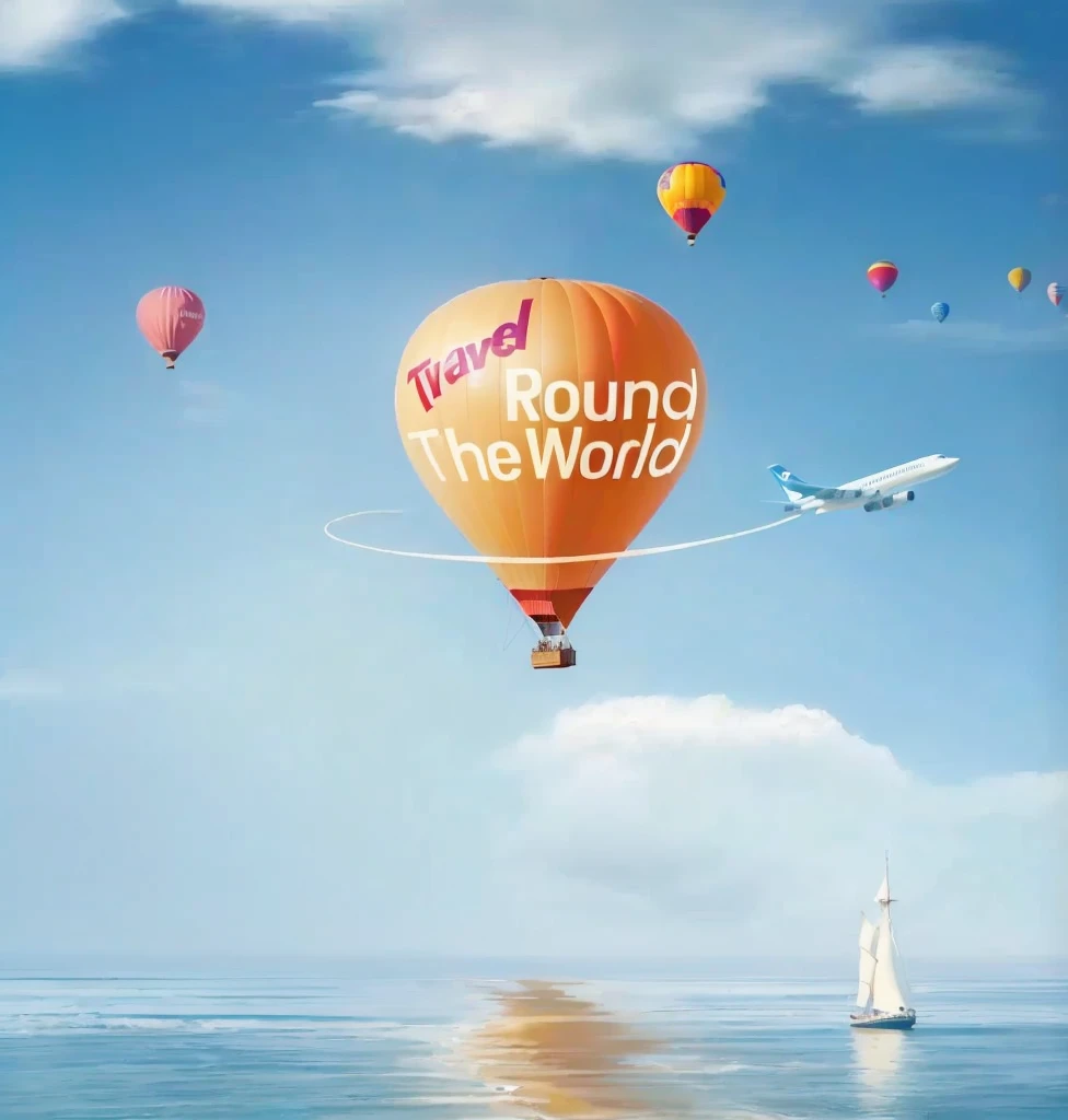 there is a picture of a hot air balloon flying over the ocean, around the world, official artwork, travel ad, travel upwards, round-cropped, round about to start, official art, round background, screen capture, round, screen grab, promotional render, round round round nose, promotional artwork, 🪔 🎨;🌞🌄, tourist destination, promotional art on balloon text "travel round the world" 32K Hyperrealistic style